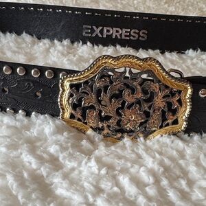 Express Black Belt with Intricate Gold Buckle